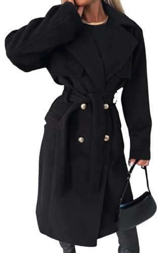 Eleganter Langer Mantel Mit Kragen, 2024 Wintermantel Mit Revers, Zweireihig, Dicke A-Linien-Peacoat-Jacke Mit Taschen, Zweireihiger Peacoat Mit Gürtel (Schwarz,M)