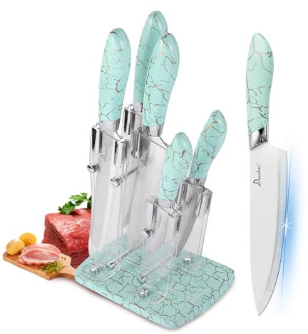 AVEKI 6-Piece Stainless Steel Cooking Knife Set with Acrylic Stand, Ultra Sharp Marble Cracks Chef Knives with Ergonomic Handles, Suitable for Home (Green)
