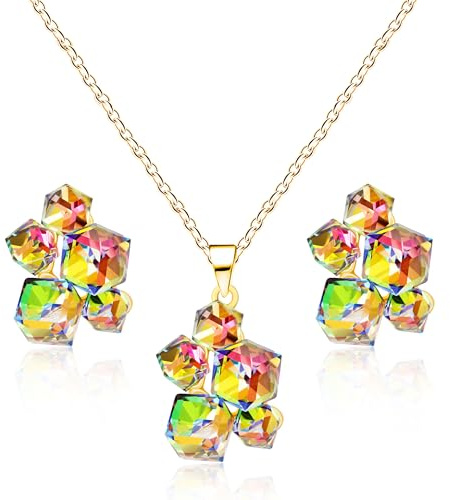 Uloveido Bunte Glaswürfel-Ohrringe und Halskette Set | Vergoldete Zinklegierung | Passendes Halsketten- und Ohrring-Set für Mama, Oma, Schwester | Kette 45+5 cm | Samtbeutel inklusive | YB5081