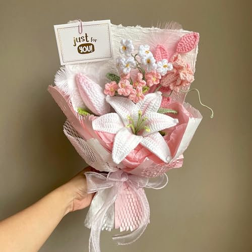 ANNE'S GIVERNY White Pink Lily Crochet Flowers Bouquet, Fully Wrapped| Luxury Floral Decor |Gift for Birthdays & Holidays, Anniversary,Handmade Gift for Girlfriend, Wife