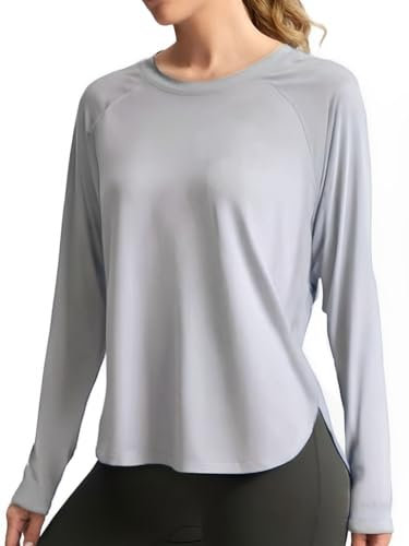 PINSPARK UV Shirt Damen Sportshirt Langarm Sonnenschutz Sport Freizeit Tops UPF 50+ Lang Raglan Ärmel Funktionsshirt Laufshhirt Sommer Fitness Yoga Gym Shirt Hellgrau M