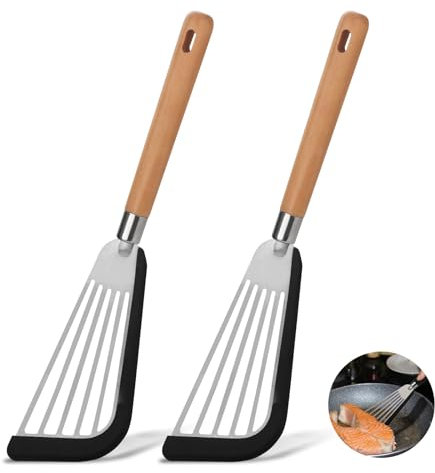 Foyucool Silikon-Fischwender, Pfannenwender Edelstahl, Küchenutensilien, Hitzebeständig und Flexibel, für Antihaft-Kochgeschirr, Fisch, Ei, Steak, Pfannkuchen, Holzgriff - Schwarz, 2 Stück