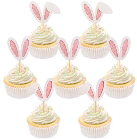 Osterhasen Cupcake Topper, 24 Stück Tortendeko Ostern Glitzer Hasenohren Kuchen Deko, Niedlich Kuchendeko Oster, Osterdeko Muffins, Hasen Cupcake Topper für Osterthema Partyzubehör