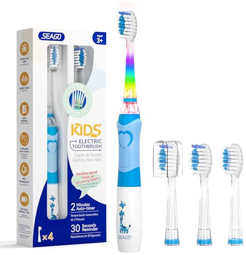 Seago Kids Electric Toothbrush, Battery Powered Toothbrushes for Childrens with Timer, Rainbow LED Light, 4 Brush Heads, Soft Bristles, Fun for Boys and Girls Aged 3 Years and Up, SG977 (Light Blue)