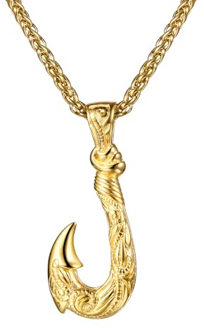 OIDEA Herren Halskette mit Angelhaken Anhänger: Fischhaken Kettenanhänger aus Edelstahl mit Wellen- und Spiralmuster Vintage Hip Hop Punk Schmuck Geschenk für Angler Männer Junge Gold Silber