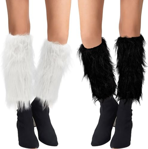 2 Pair Fluffy Leg Warmers Women, Black White Leg Warmers Ladies Faux Furry Soft, y2k Fuzzy Boot Shoes Cuffs Cover Warm Furry Costume Leg Socks for Christmas, Halloween Party Costume Accessories