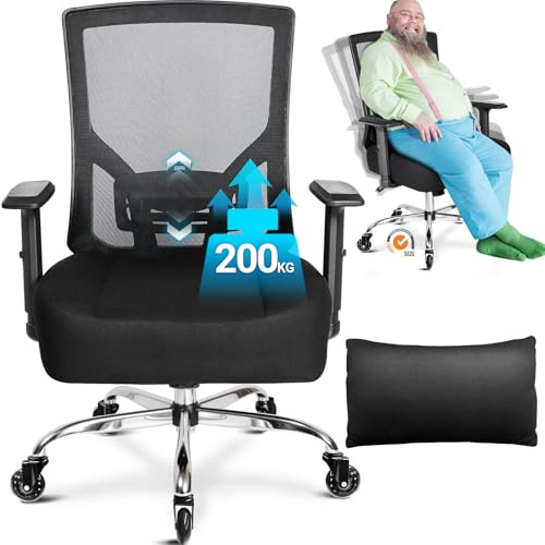 MELOKEA Bürostuhl 200KG XL, Breites Federkissen, Gummirollen, Ergonomischer Bürostuhl, Verstellbare Lendenwirbelstütze, Stufenlose Neigungsfunktion, Gaming, Schreibtischstuhl [Lendenkissen Inklusive]