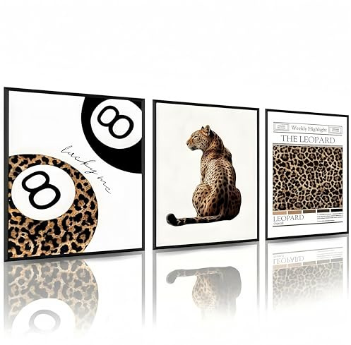 Linilioart Funky Lucky 8 Ball Poster, trendige Leoparden-Leinwandkunst, adretter Raum, ästhetische Geparden-Wanddekoration, Bilder, ungerahmt (40 x 50 cm), 3 Stück
