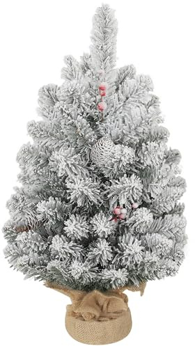 HOMCOM Albero di Natale Piccolo Alto 60 cm Mini Alberello Natalizio Verde | 72 Rami Folti, Pigne e Bacche Rosse, Decorazione Natalizia Ignifuga, Base in Tessuto