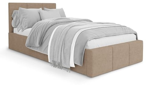 Muralo Polsterbett 90x200 cm mit Bettkasten - Beige | Einzelbett mit Gestepptem Kopfteil, Lattenrost, Samtbezug, Wasserabweisend & Kratzfest, ohne Matratze