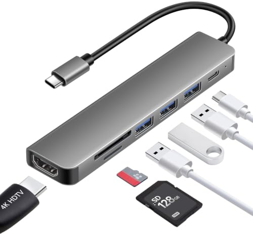 USB C Hub 7-in-1 mit HDMI 4K SD/TF Kartenleser und 3 USB Anschlüssen | PD-Ladeanschluss, USB 3.0 und 2 USB 2.0 Anschlüsse für Laptops, Tablets und Smartphones