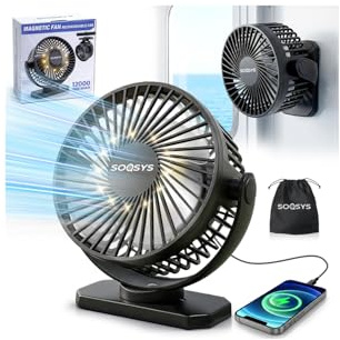 SOQSYS Ventilatore magnetico approvato da crociera con batteria ricaricabile da 12000 mAh, ventilatore da crociera con 3 velocità, timer, luci a LED, potenza di uscita e gancio inferiore, ventole