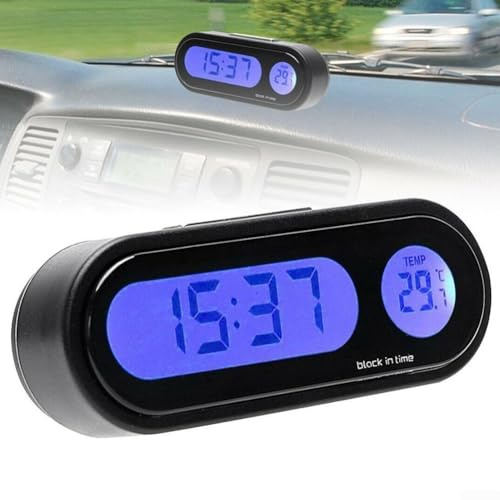Lioaeust LCD Digital Auto Uhr mit Thermometer, LED Anzeige 2-in-1 Design mit Hintergrundbeleuchtung und Temperaturanzeige für Innenraum im Auto, unterstützt 12h/24h Anzeigeformate