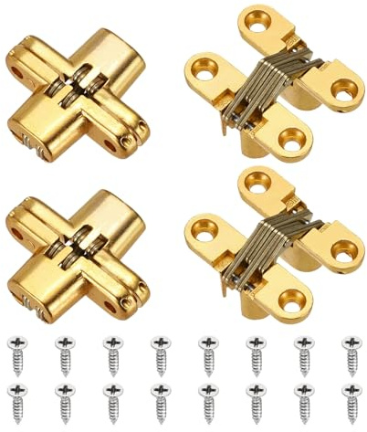 QUARKZMAN 4Pcs Bisagras Ocultas Para Puertas De 1.65 x 0.49 Dorado | Gabinete, Bisagra Cruzada Oculta De 180 Grados Para Puertas Invisibles De Caja De Madera
