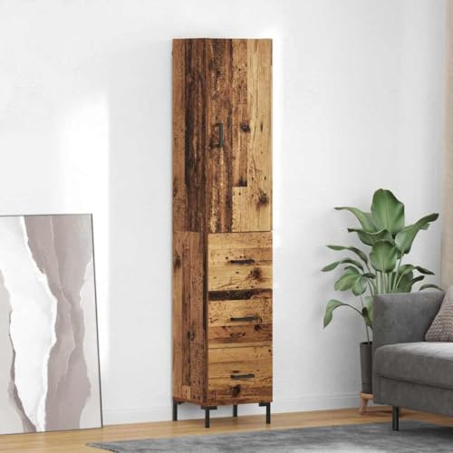 Owoxanthellate Highboard Altholz 69,5×34×180 cm, Sideboard 3 Schubladen/1 Tür, Holzwerkstoff, Eisenbeine, Wohnzimmer Schlafzimmer Flur