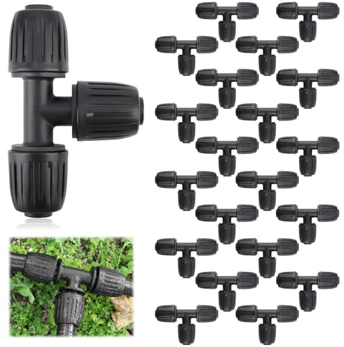 Kalolary - Set da 20 raccordi a T da 1/2 pollice per tubi di irrigazione da 16 mm, connettori con tappo di chiusura per linee di gocciolamento e irrigatori da giardino