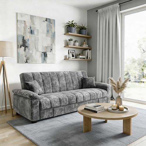 DAKO® 3-Seater Sofa Bed VERONICA with Storage – Pull-Out Sleeper in Cream or Grey – Modern Upholstered Sofa for Living Room or Guest Room – Compact & Comfortable Design (Dark Grey)