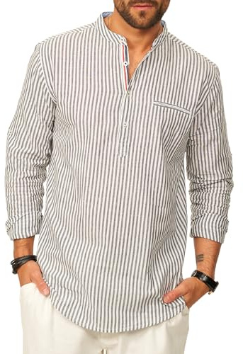 behype. Herren Leinenhemd als Langarmhemd Gestreift - Freizeithemd im Regular-Fit mit Henley Stehkragen Sommerhemd - Strandhemd im Sommer-Look für Männer