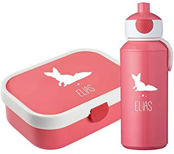 4ou Design Mepal Set Brotdose & Trinkflasche personalisiert mit Namen – Silhouette Fuchs pink – Auslaufsicher, Bento Einsatz rausnehmbar, inkl. Snackgabel – BPA frei – Geschenk für Kinder