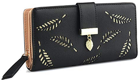 HXT-OAK Damen Geldbörse mit Das Design mit aushohlender Blattform,Aus PU-Leder mit blattförmigem Anhänger, mit 12 Kartenfächern und Münzfach mit Reißverschluss Schwarz