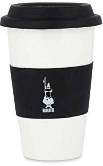 Bialetti To Go Mug da Ufficio (con Doppia Parete), Tazza in Porcellana con Coperchio e Banda in Silicone, capacità 400 ml, Black, Nero, 1 unità (Confezione da 1)