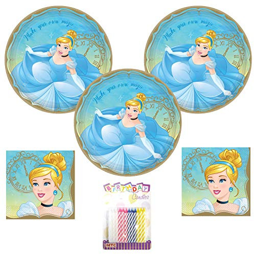 Amscan Disney Princess Cinderella Party Supplies Pack Serves 16: 9 Plates and Lunch Napkins with LLILYKAI Birthday Candles (Bundle for 16)