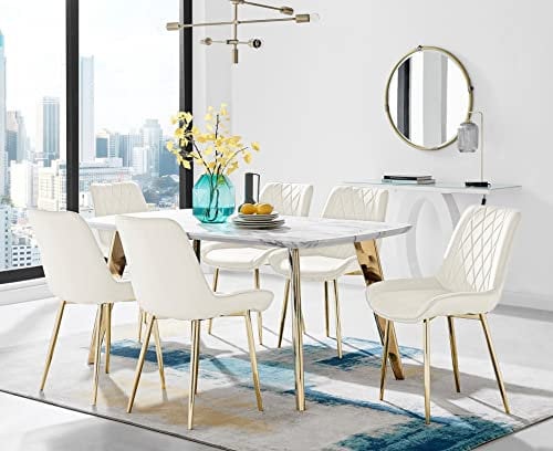 Furniturebox UK Andria Gold Leg Marble Effect Dining Table and 6 Cream Pesaro Gold Leg Chairs