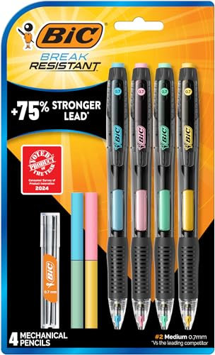Bic Lot de 4 porte-mines incassables avec gomme, pointe moyenne (0,7 mm), pour fournitures scolaires ou de bureau