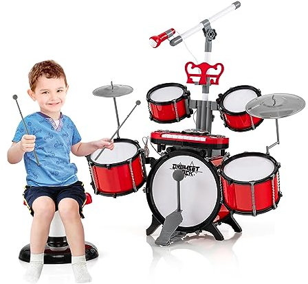 RELAX4LIFE Set di Batteria per Bambini, Giocattoli Musicali Elettronici con Tastiera e Microfono, Batteria Jazz con Sgabello per Bambini 3+ Anni, Rosso