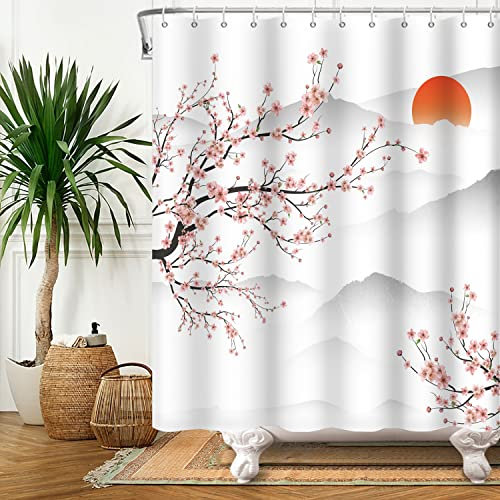 SDOTPMT 105x160cm Rideau de Douche Sakura Asiatique - Branche de Pêche, Mont Fuji, Japon Sunrise Mist pour Salle de Bain