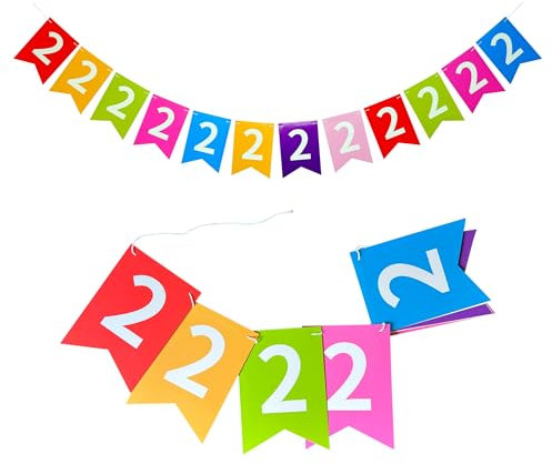 Girlande 2. Geburtstag: Farbenfrohe Girlande zum zweiten Geburtstag - 12 Flaggen mit großer 2 zur Dekoration beim zweiten Kindergeburtstag - Jungen und Mädchen - 2. Platz