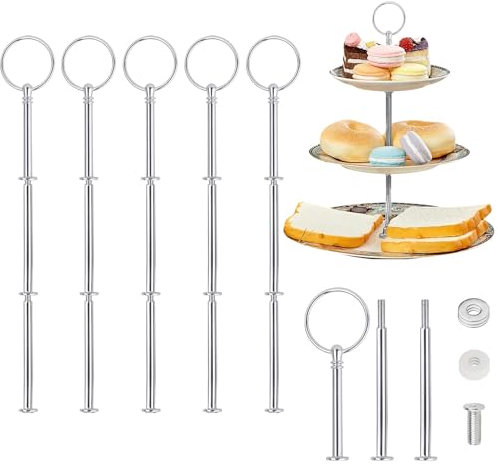 Rayong Etageren Stangen Set 5 Pack Etagere Stangen Etagere Bausatz Silber Etageren Stangen Metallstangen Etagerenhalter für Obsttablett, Snackteller, Platte Nicht enthalten, 3 Etagen