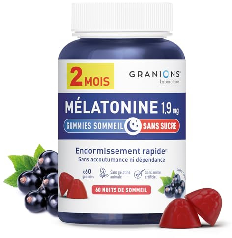Gummies Sommeil - Granions Melatonine 1,9mg - Vegan Sans Sucre - 60 Gummies | Favorise l'endormissement naturel, ameliore la qualite du sommeil, formule vegan et sans sucres - gummies melatonine 2 mois