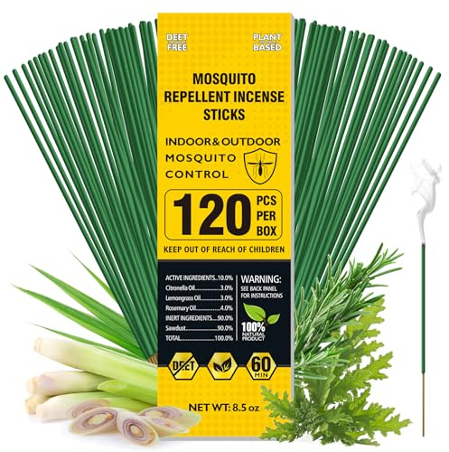 BugBai Mosquito Repellent Outdoor Patio 120 PCS, Citronella Oil Mosquito Incense Sticks Indoor Home Pet Family Safe, Natural Plant-Based Bug Insect Barrier for Yard Garden Lawn Camping Fishing, 0.5 lb