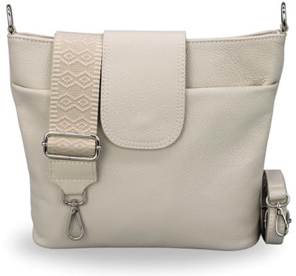 BRISE Umhängetasche Damen Echtes Leder ELLIE Handgemachte Crossbody Bag mit Ledergurt + Optionalen Breiten Gemusterten Riemen 6 Fächer Wasserdichte Schultertasche Made in Italy (Beige - 5)