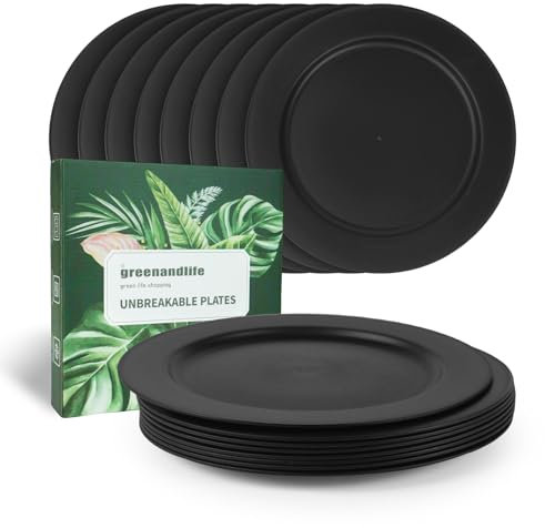 greenandlife 25cm Dinner Plates, 10 inch Reusable Plastic Plates, 8 Pcs Dishwasher & Microwave Safe PP Plates, Lightweight & Unbreakable, BPA Free and Healthy for Kids Children Toddler & Adult Black