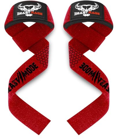 BEAST RAGE Zughilfen für Krafttraining (Fitness Straps) Kreuzheben Gurte Frauen Männer (Gepolstert) Gewichthebergurte Baumwolle Handgelenkstütze Griffe Hantel Bar (Lifting Straps) (Rotes Gel)