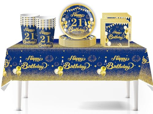 41Pcs Navy Blue Gold Happy 21st Birthday Party Tableware Set - Plastic Table Cloth, Paper Plates, Napkins for Boy Girl Birthday Decorations - Disposable Kit