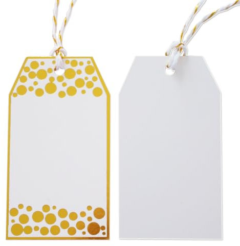 Geschenkanhänger mit Faden 100 stk Weiß Papieranhänger mit Folien Goldpunkte 9*5cm Blanko Geschenkanhänger zum Beschriften Tiketten für Geburtstag Hochzeit Babyparty Geschenkverpackung thank you tags