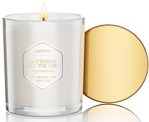 M&SENSE Candela profumata invernale alla rosa e al patchouli, regalo per San Valentino, candela naturale in cera di soia MSDD0205 GlitteringDay, candela aromaterapica per vacanze, fino a 70 ore