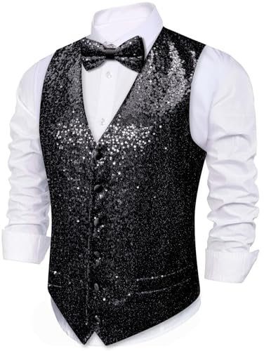 Barry.Wang Glänzende Herren-Weste mit Pailletten, Fliege, Set, glitzernd, lässig, Weste, Festival, Disco, Party, Abschlussball, Schwarze Pailletten, XL