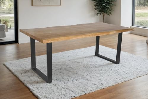 SAM Esstisch Cali | 200 x 100 cm | Akazienholz massiv | Farbe: Eiche | U-Gestell Metall Schwarz | Massivholz mit Baumkante | pflegeleichter Baumkantentisch/Esszimmertisch
