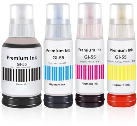 GI-55 Encre Multipack Compatible avec Canon GI55 GI-55 Bouteille d'encre pour Canon MAXIFY GX1050 GX2050 Imprimante Jet d'encre, 4-Pack, Noir, Cyan, Magenta, Jaune