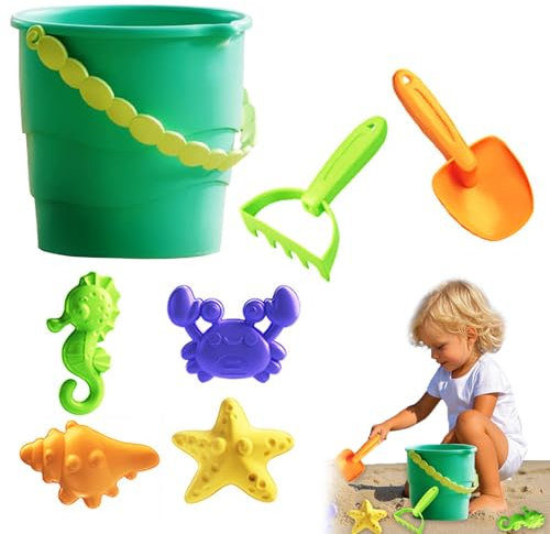 Beach Toys Set - 7PCS Sand Toys with Bucket and Spade for Kids, Sea Animal Molds, Rake, Outdoor Sandpit Toy for Toddlers, Perfect for Beach Play, Bucket and Spade Beach Set Kids, Summer Toy