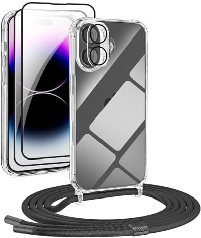 DiDaDi 5 in 1 Handykette Set Für iPhone 17 Hülle mit Band Transparente Handyhülle Abnehmbare Schutzhülle mit Lanyard, 2X Panzerglas & Kameralinse Film (Schwarz)
