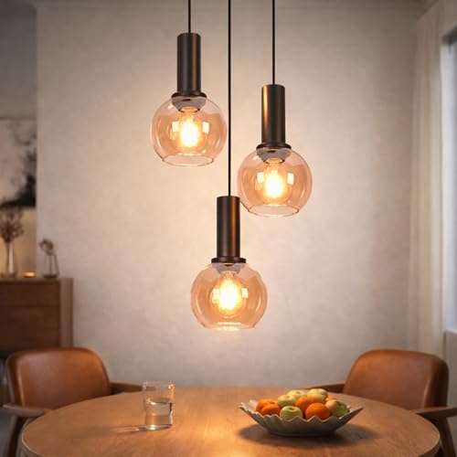 CBJKTX Hängelampe Esstisch Pendelleuchte Glas - Hängeleuchte Vintage 3 Flammig Bernstein Esstischlampe Retro Esszimmerlampe E27 Pendellampe Höhenverstellbar für Esszimmer Küche(ohne Leuchtmittel)