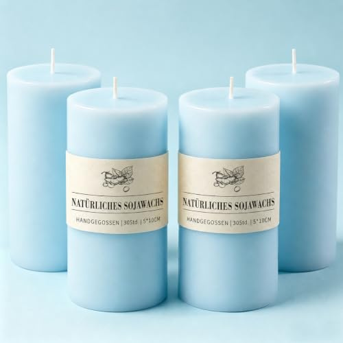 UGBEM 4 Stück Sojawachs Stumpenkerzen, Ø 5 x 10 cm Blaue Ohne Duft Kerzen | 30 Stunden ungiftig mit Baumwolldocht, für Wohndekoration,Feiern und Kirche