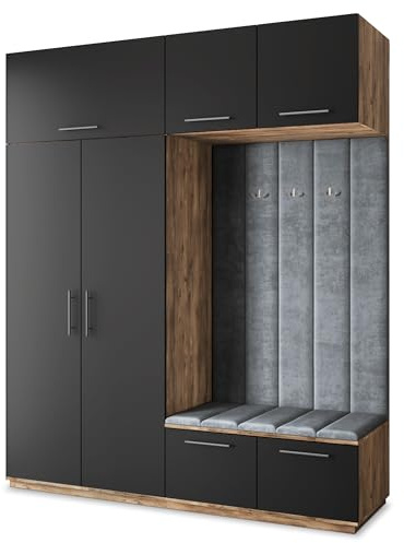 Masseno Flugarderoben Set Rema, Kleiderschrank-Set mit Sitzbank, Garderobenschrank Flur mit 5 Regalböden, Eiche Lefkas/Schwarz
