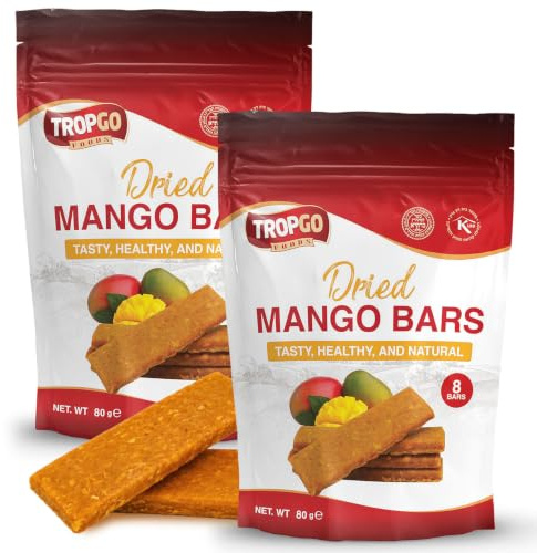 Tropgo Dried Mango Bars - 8 Bars 80g, Pack of 2 – Healthy Fruit Snack Made from 100% Mango Dried – Natural Energy Source, Vegan, Plant-Based Healthy Snack for Adults & Kids in Resealable Bag