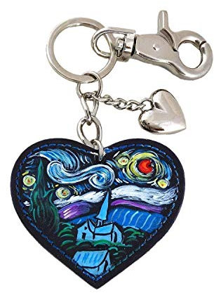 Porte-clés en cuir peint à la main - LA NUIT ÉTOILÉE DE VAN GOGH - Porte-clés pour femme, porte-clés en cuir véritable, fabriqué en Italie, porte-clés en cuir peint, acier et cuir, artisanat